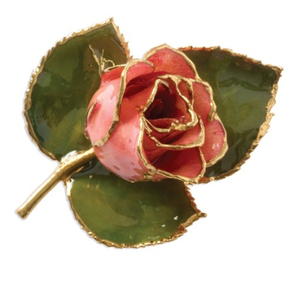 24k Gold Trimmed Lacquer Dipped Pink Rose on Leaf Pin Brooch Boutonniere forever
